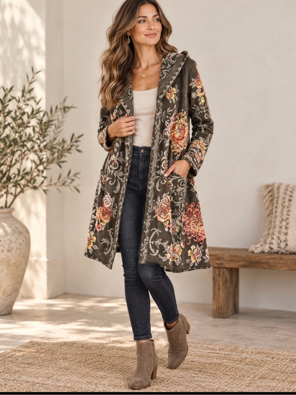 Johnny Was Biya XS Floral Embroidered Hooded Cotton Blend Long Cardigan Duster